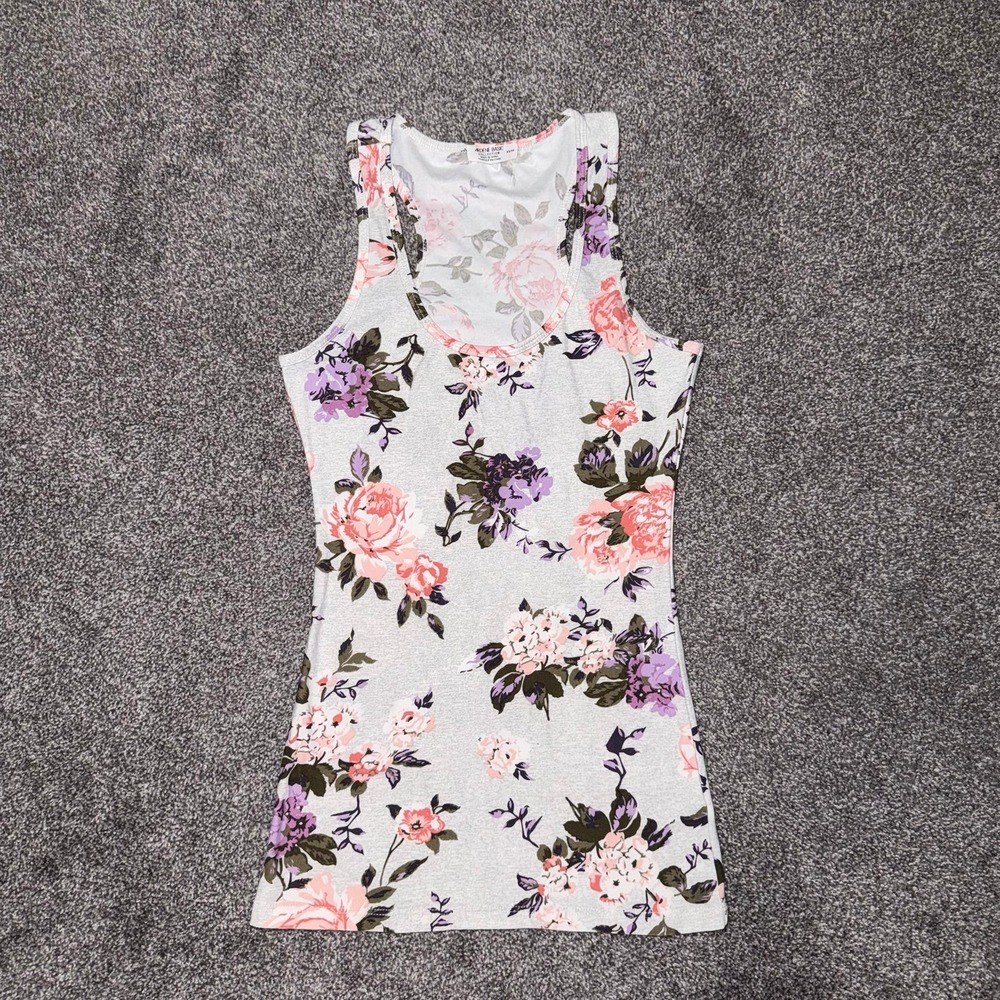 Ardene Basics Women's Light Gray Sleeveless Tank Top w/ Multicolor Floral - XS
